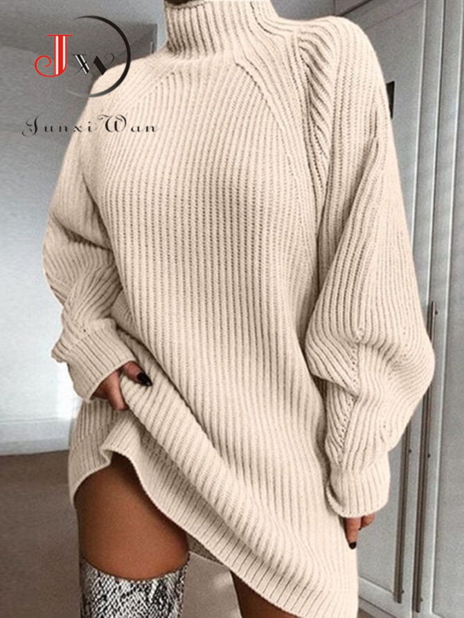 Women Turtleneck Oversized Knitted Dress Autumn Solid Long Sleeve Casual Elegant Mini Sweater Dress Winter Clothes 1