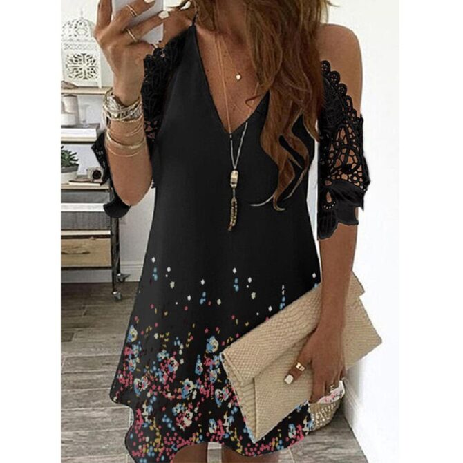 Half Sleeves Print Floral Dress Women Causal Off Shoulder Midi Dress Female V Neck Lace Casual Sling Party Dresses Plus Size 4