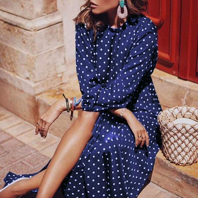 CVYATAYA Boho Lantern Long Sleeves Polka Dot Printed Midi Dress Women Elegant Vintage Stand Collar Split Autumn Dress Robe Femme 2