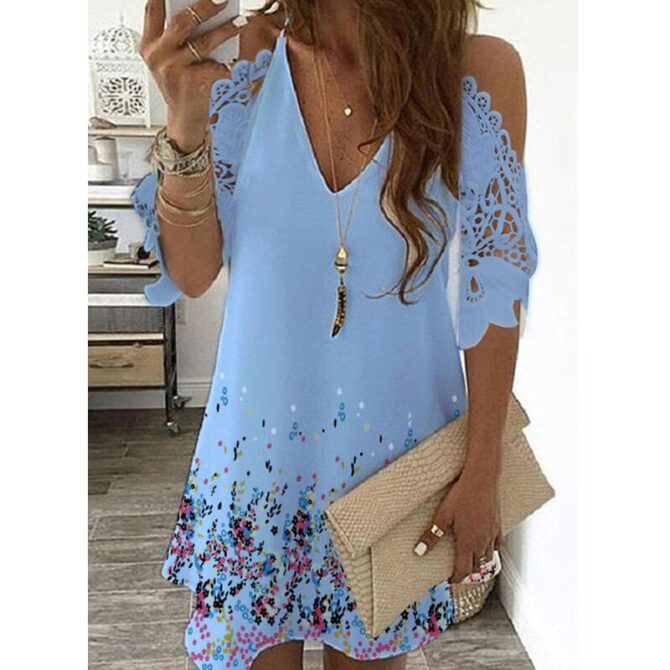 Half Sleeves Print Floral Dress Women Causal Off Shoulder Midi Dress Female V Neck Lace Casual Sling Party Dresses Plus Size 2