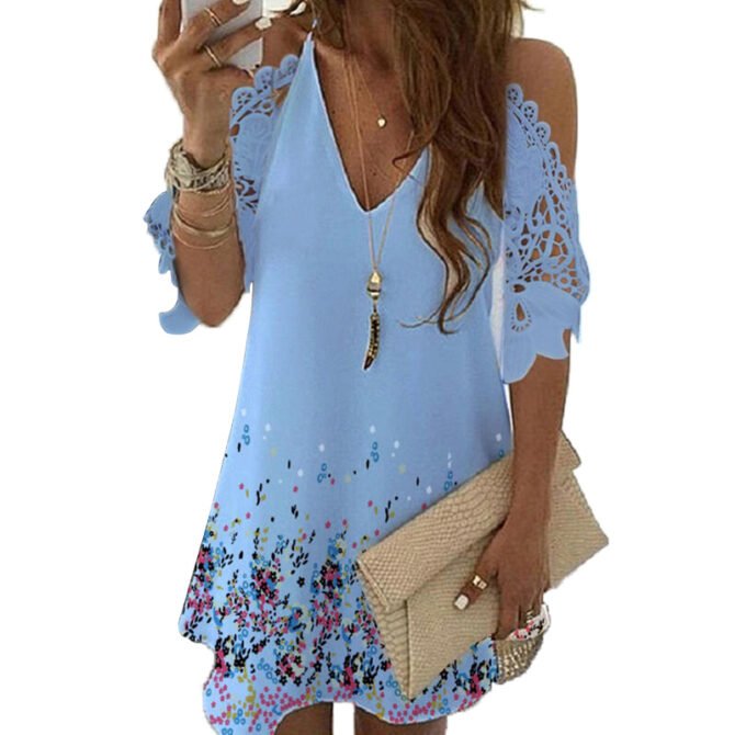 Half Sleeves Print Floral Dress Women Causal Off Shoulder Midi Dress Female V Neck Lace Casual Sling Party Dresses Plus Size 1