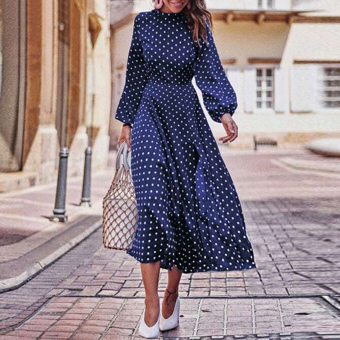 CVYATAYA Boho Lantern Long Sleeves Polka Dot Printed Midi Dress Women Elegant Vintage Stand Collar Split Autumn Dress Robe Femme 3