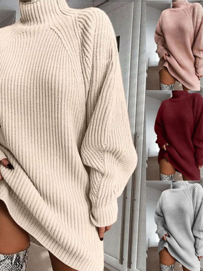 Women Turtleneck Oversized Knitted Dress Autumn Solid Long Sleeve Casual Elegant Mini Sweater Dress Winter Clothes 6