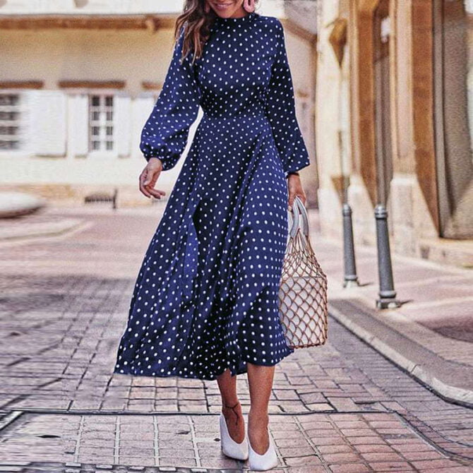 CVYATAYA Boho Lantern Long Sleeves Polka Dot Printed Midi Dress Women Elegant Vintage Stand Collar Split Autumn Dress Robe Femme 1