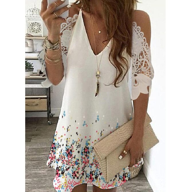 Half Sleeves Print Floral Dress Women Causal Off Shoulder Midi Dress Female V Neck Lace Casual Sling Party Dresses Plus Size 3