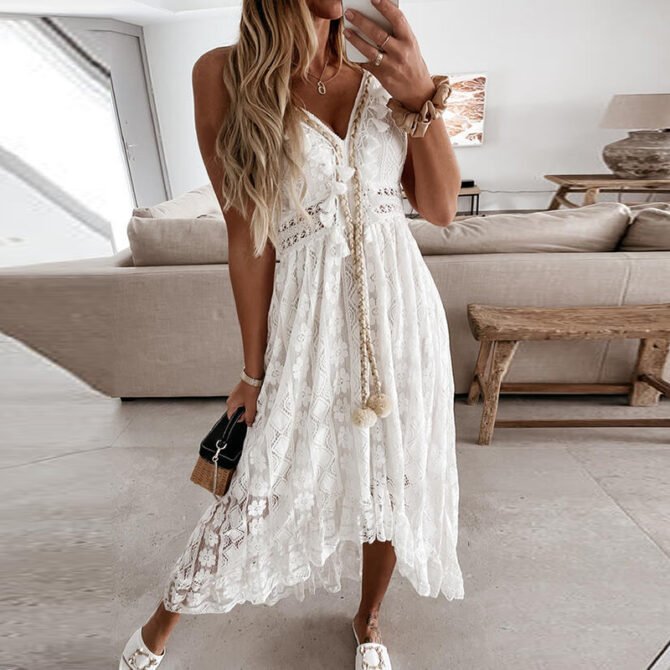 Off Shoulder Lace Patchwork Elegant Dress Women Summer 2021 V Neck Spaghetti Strap Dress Female New Fashion Solid Party Dresses 3