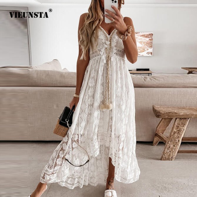 Off Shoulder Lace Patchwork Elegant Dress Women Summer 2021 V Neck Spaghetti Strap Dress Female New Fashion Solid Party Dresses 1