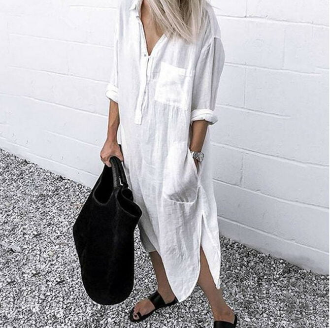 Women Shirt Dress Spring Summer Lapel Button Long Sleeve Side Split Dresses Elegant Solid Work Office Vestidos Female Tunic Robe 1