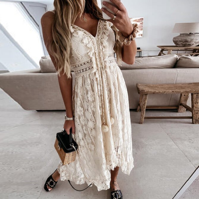 Off Shoulder Lace Patchwork Elegant Dress Women Summer 2021 V Neck Spaghetti Strap Dress Female New Fashion Solid Party Dresses 5