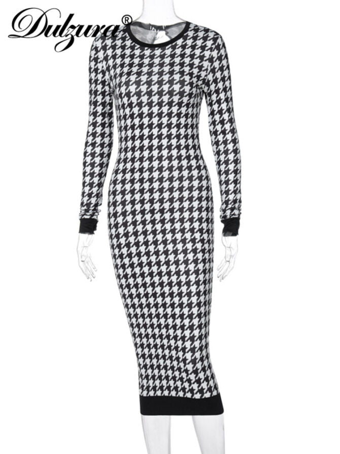 Dulzura Houndstooth Print Women Long Sleeve Midi Dress Hollow Out Bodycon Sexy Streetwear 2020 Autumn Winter Club Elegant Slim 6