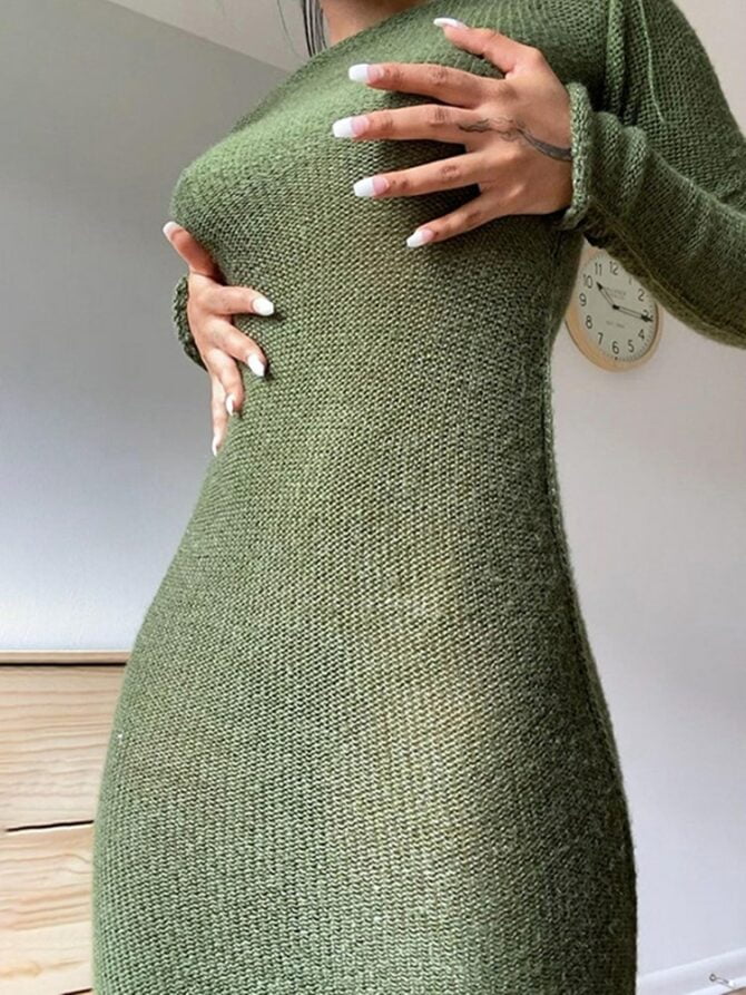 WJFZQM New Knitted Bodycon Dress Fairy Grunge Casual Fashion Streetwear Women Autumn Y2K Solid O-neck Long Sleeve Maxi Dresses 3