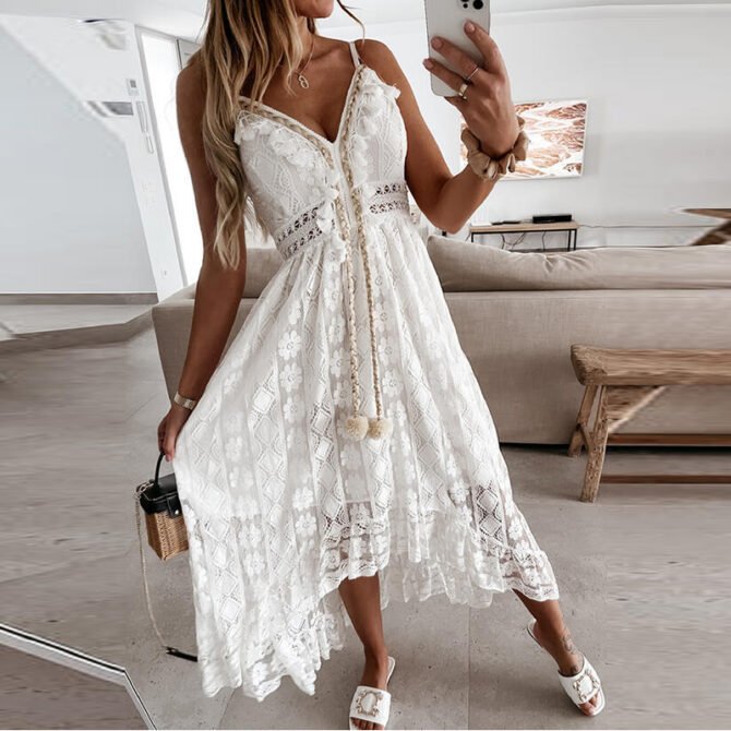 Off Shoulder Lace Patchwork Elegant Dress Women Summer 2021 V Neck Spaghetti Strap Dress Female New Fashion Solid Party Dresses 2