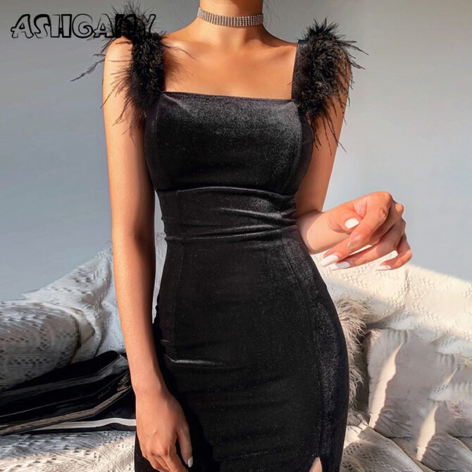 Ashgaily 2022 New Sexy Velvet Dress Women Sleeveless Dress Solid Feathers Bodycon Clothes Party Club Outfits Femme 1