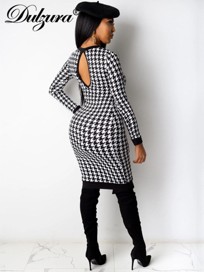 Dulzura Houndstooth Print Women Long Sleeve Midi Dress Hollow Out Bodycon Sexy Streetwear 2020 Autumn Winter Club Elegant Slim 4