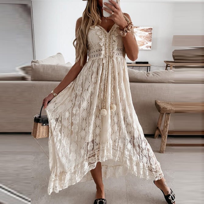 Off Shoulder Lace Patchwork Elegant Dress Women Summer 2021 V Neck Spaghetti Strap Dress Female New Fashion Solid Party Dresses 4