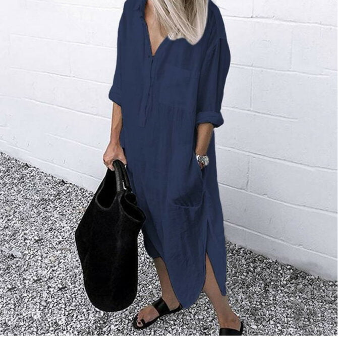 Women Shirt Dress Spring Summer Lapel Button Long Sleeve Side Split Dresses Elegant Solid Work Office Vestidos Female Tunic Robe 4