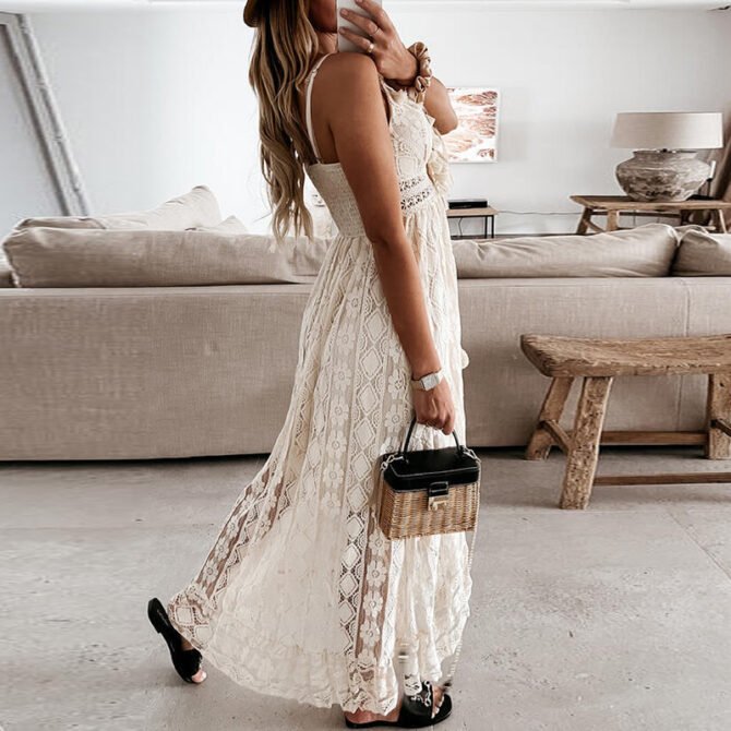 Off Shoulder Lace Patchwork Elegant Dress Women Summer 2021 V Neck Spaghetti Strap Dress Female New Fashion Solid Party Dresses 6