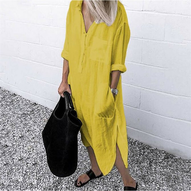 Women Shirt Dress Spring Summer Lapel Button Long Sleeve Side Split Dresses Elegant Solid Work Office Vestidos Female Tunic Robe 3