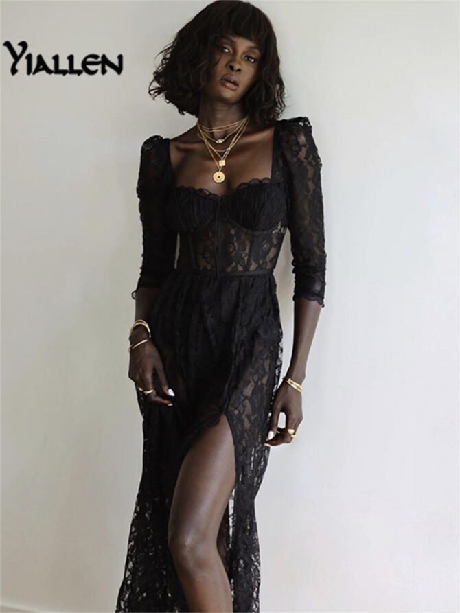 Yiallen 2021 Y2k Fashion Party Vacation Beach Sexy Black Lace Long Dress Women's Spring Quarter Sleeve Mid-Calf Dresses Clubwear 2