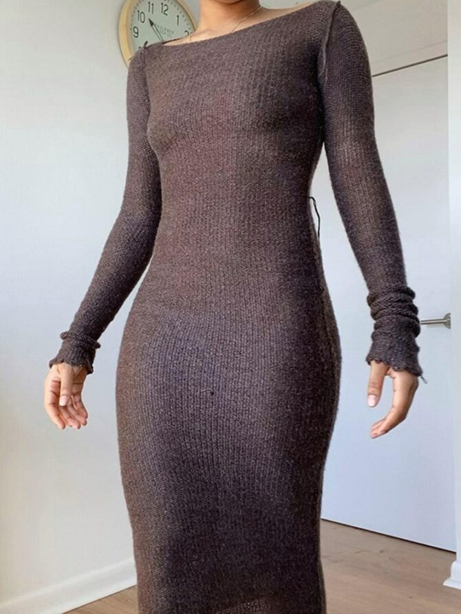 WJFZQM New Knitted Bodycon Dress Fairy Grunge Casual Fashion Streetwear Women Autumn Y2K Solid O-neck Long Sleeve Maxi Dresses 4