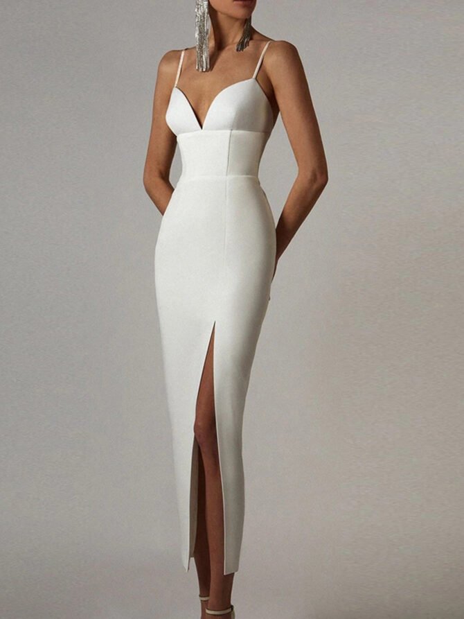 Adyce New Summer Women White Bodycon Bandage Dress Sexy V Neck Spaghetti Strap Club Celebrity Evening Runway Party Long Dresses 1